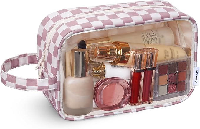 Narwey Checkered Clear Makeup Bag Cosmetic Bag with Zipper for Travel, Clear Toiletry Bags for Traveling Toiletries Women Men, Make Up Pouch with Handle, Skincare Bag (Dusty Pink Checkerboard)