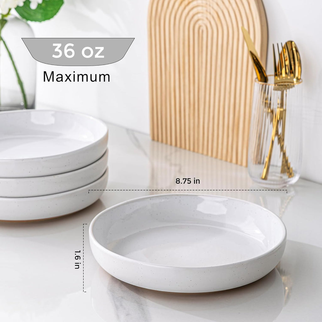 AmorArc 8.75'' Large Ceramic Pasta Bowls, 38oz Handpainted Stoneware Bowls Set of 4, Microwave&Dishwasher Safe Bowls with Rustic Terracotta Underside for Pasta Salad, White