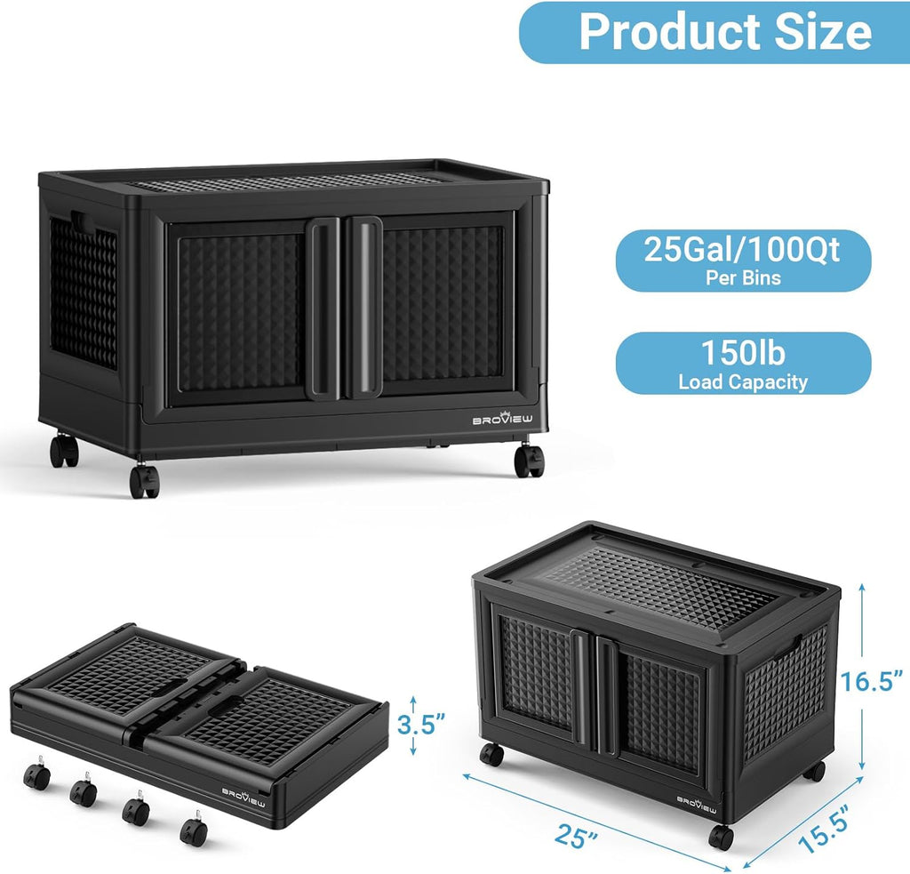 100Qt Stackable Storage Bins with Lids, 25Gal Closet Organizers and Storage Drawer, Plastic Collapsible Storage Bins with Doors, Heavy-Duty Store Box Cabinet for Home Office, 1Pack Black