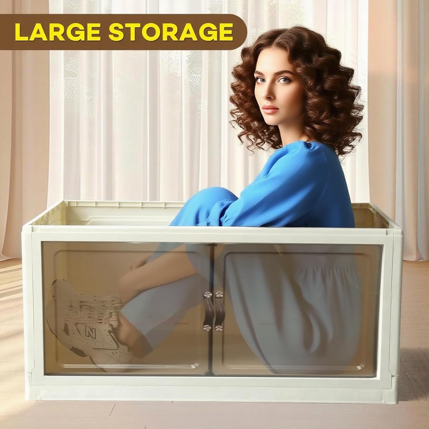 YUFER 3 Tier Box Plastic Stackable Folding Storage Bins with Lids and Doors,360/480 QT Open Front Storage Bins Organizers for Bedroom Clothes - 1 Box 120 QT White