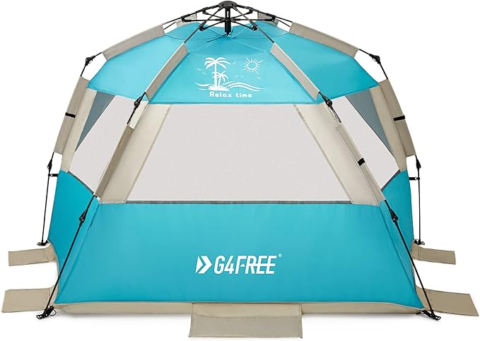 G4Free Easy Set up Beach Tent Deluxe XL, Pop up Sun Shelter for 3-4 Persons with UPF 50+ Protection Beach Shade with Extended Floor