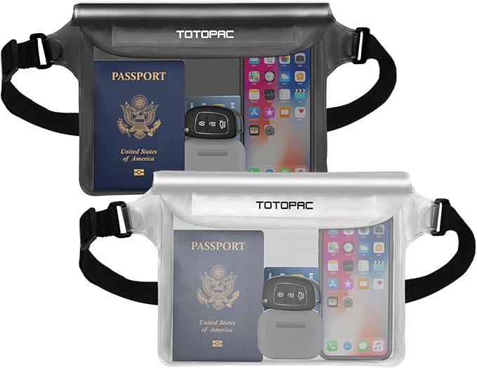 2-Pack Waterproof Fanny Pack, Phone Pouch with Waist Strap, 9x6.7 Inch Dry Bag for Phone, Cash, and Valuables – for Swimming, Kayaking, Boating, Snorkeling, and Water Sports (2, Grey + White)