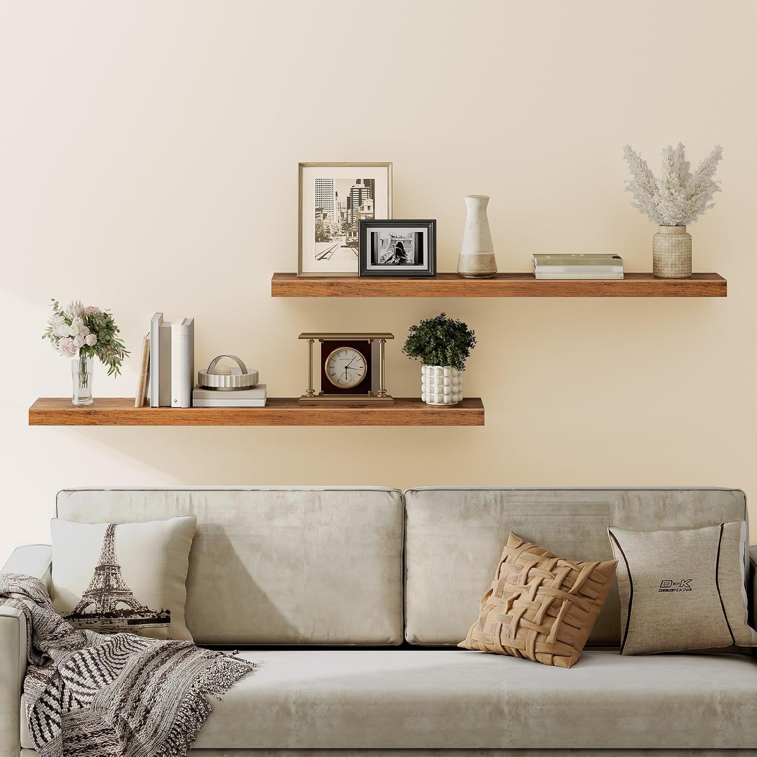 HOOBRO Floating Shelves for Wall, Wall Mounted Shelf Set of 2, 55" Hanging Shelf with Invisible Brackets, for Wall in Bathroom, Bedroom, Toilet, Kitchen, Living Room, Office, Rustic Brown BF140BJP201