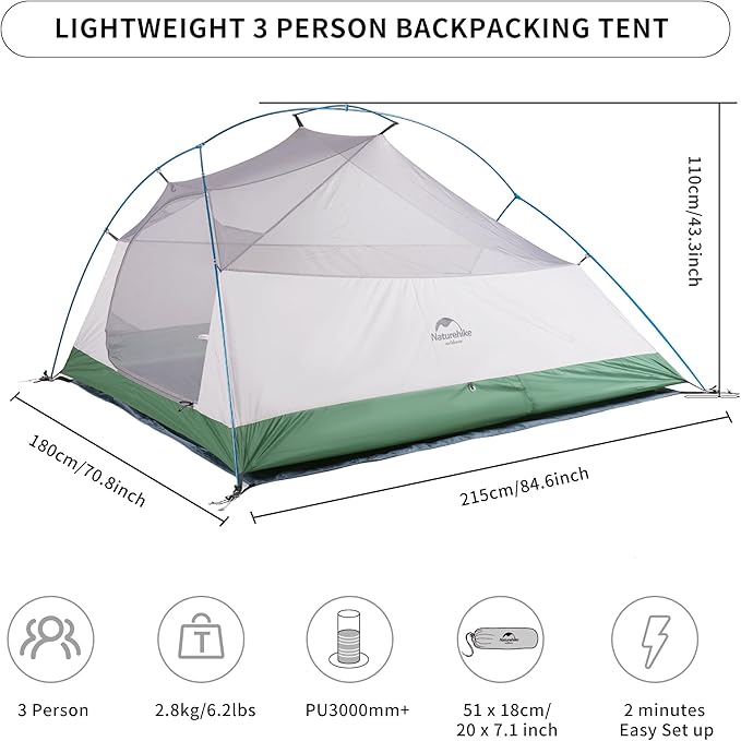 Naturehike Cloud-Up 3 Person Lightweight Backpacking Tent with Footprint - 3 Season Free Standing Dome Camping Hiking Waterproof Backpack Tents