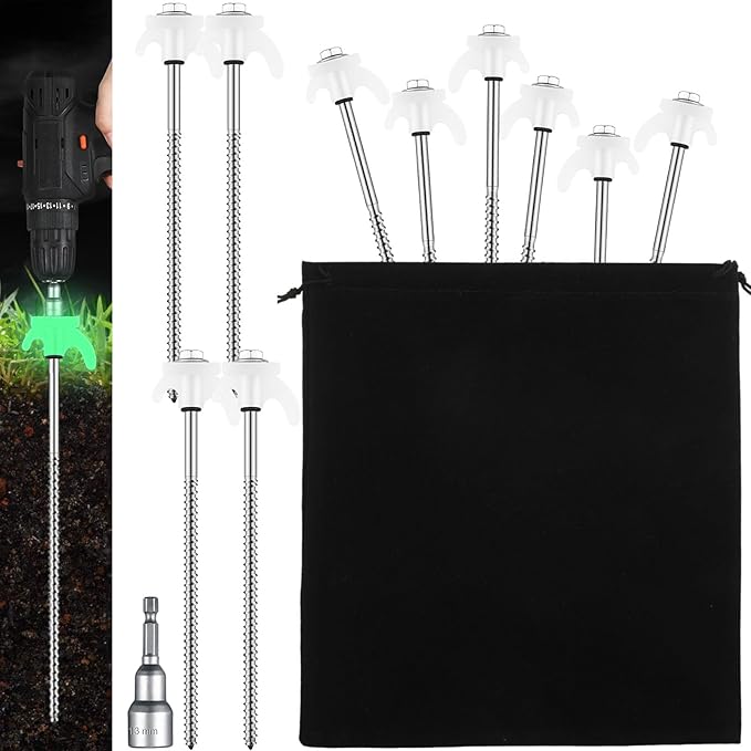 10 Pcs 8" Screw in Tent Stakes Heavy Duty Tent Stakes Drillable Ground Anchors Screw Metal Tent Pegs Threaded Tent Spikes with Head Driver for Swing Inflatable Decor (Illuminant White)