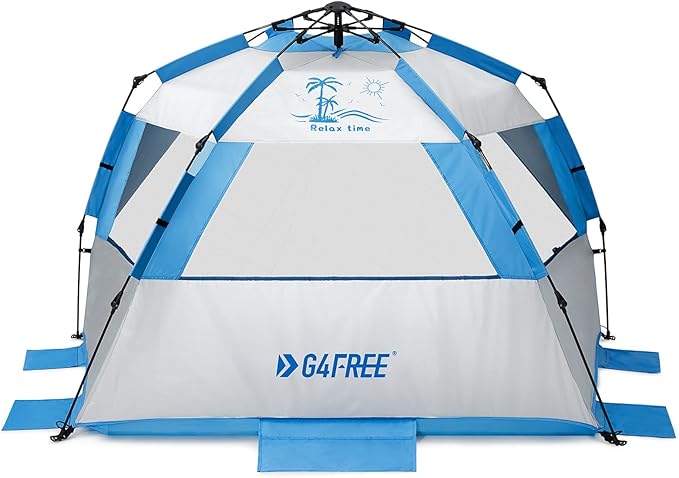 G4Free Easy Set up Beach Tent Deluxe XL, Pop up Sun Shelter for 3-4 Persons with UPF 50+ Protection Beach Shade with Extended Floor
