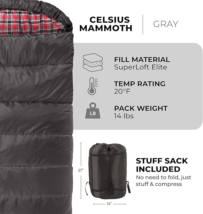 Teton Mammoth Queen Size Double Sleeping Bag- A Warm Bag The Whole Family can Enjoy – Great for Camping, Hunting and Base Camp. Compression Sack Included