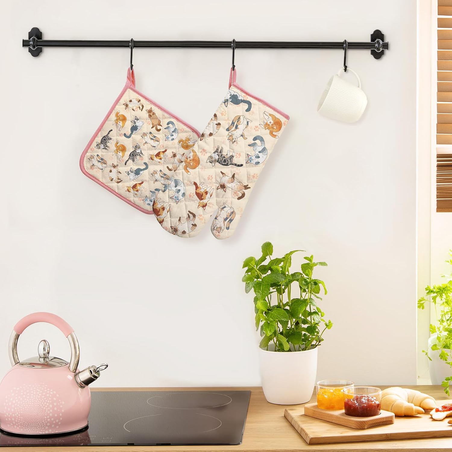 Cat Oven Mitts and Pot Holders Sets 100% Cotton Heat Resistant, Extra Long Oven Gloves Potholder for Kitchen Cooking Baking Housewarming