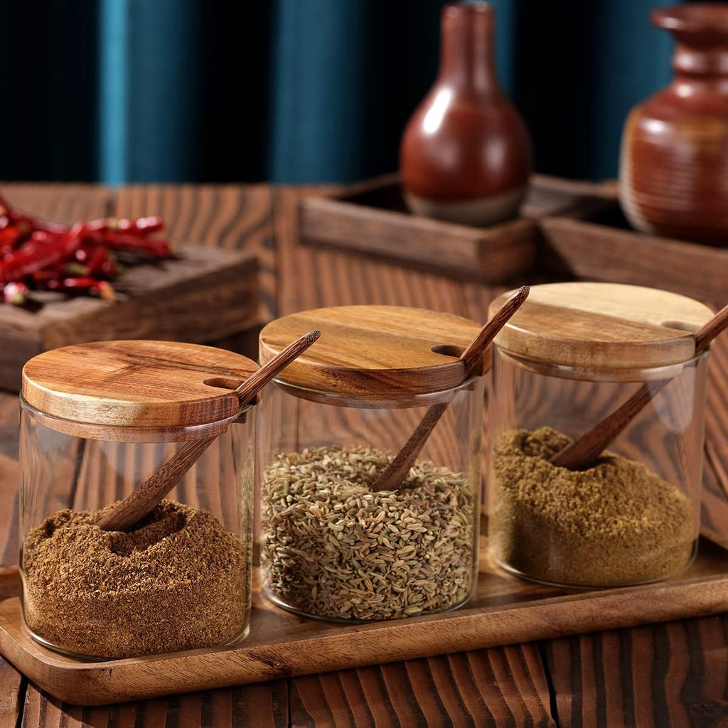 3 Pack 250ml / 8.5oz Clear Glass Spice Jar with Acacia Wooden Lid and Spoon, Classic Style, Kitchen Storage Container, 3.2 inches (diameter) x 3.5 inches (height)