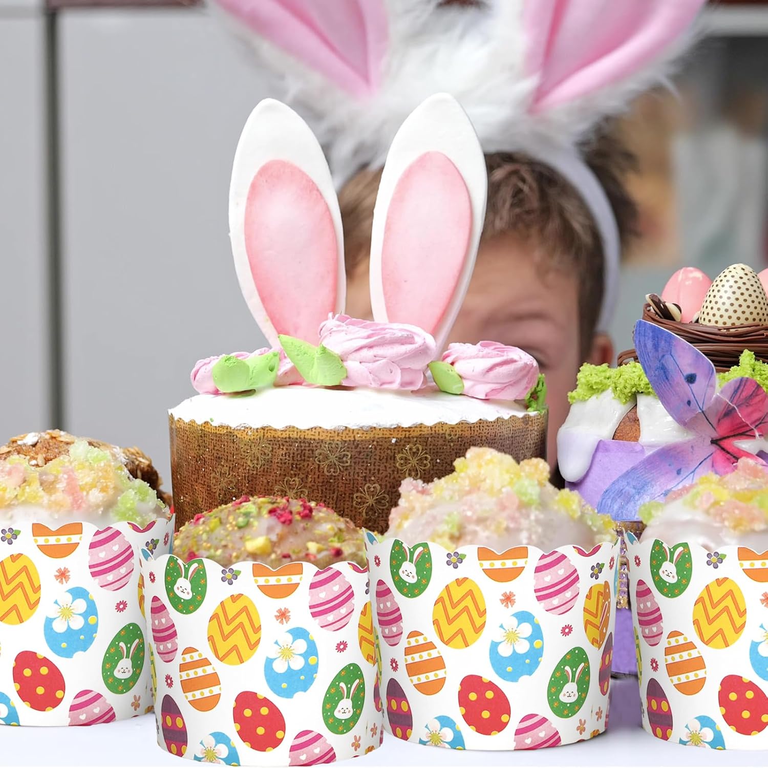 Whaline 100Pcs Multicolor Easter Paper Baking Cups with Easter Egg Bunny Flower Design, Disposable, 9 x 3.5 Inch