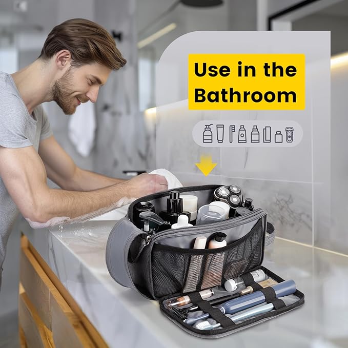 Vorspack Travel Toiletry Bag for Men - Water Resistant Mens Toiletry Travel Bag Dopp Kit Shaving Bag for Bathroom Toiletries Gifts - Grey