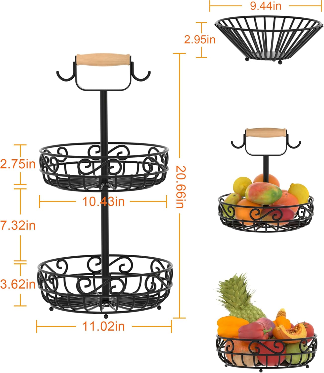 2-Tier 𝐅𝐫𝐮𝐢𝐭 𝐁𝐚𝐬𝐤𝐞𝐭 and Fruit Bowl - Fruit and Vegetable Storage with Banana Tree Hanger and Wood Handle, Fruit Basket for Kitchen Counter, for Bread Onions Potatoes Veggies Produce