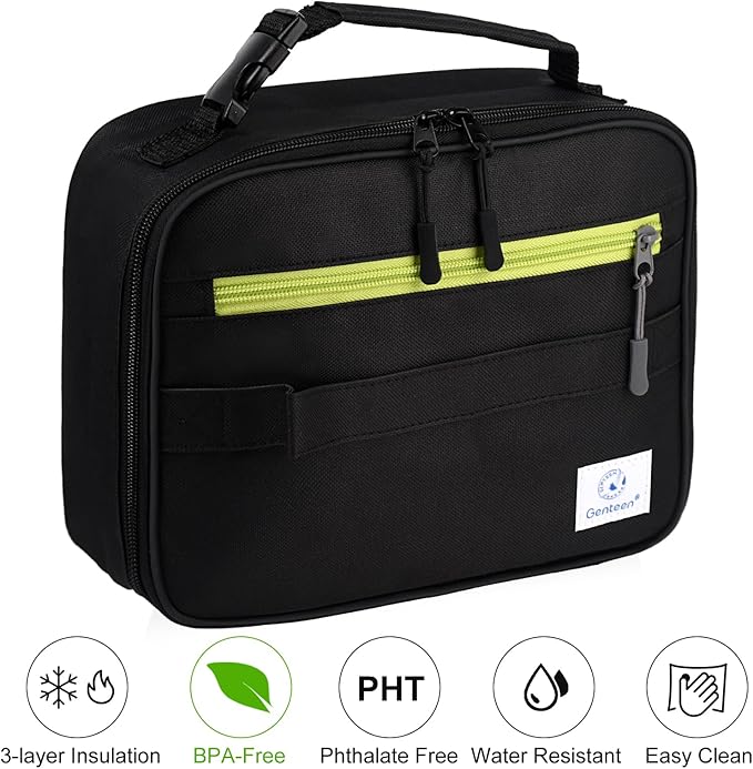 2 Packs Insulated Soft Lunch Bag With Double Zipper - Sturdy, Freezable and Reusable for Kids, Men - For School, Work, Outdoor (Black & Blue)