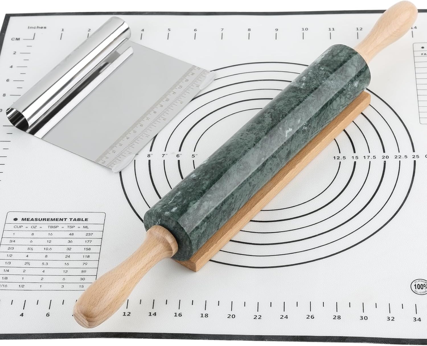 Koville Indian Natural Marble Rolling Pin, Non-Stick Polished Dough Roller, Pasta, Dumpling, Fondant, Pie Crust, Bread, Pizza Dough, Kitchen Baking Pastry Tools with Mat/Scraper(Indian Green)