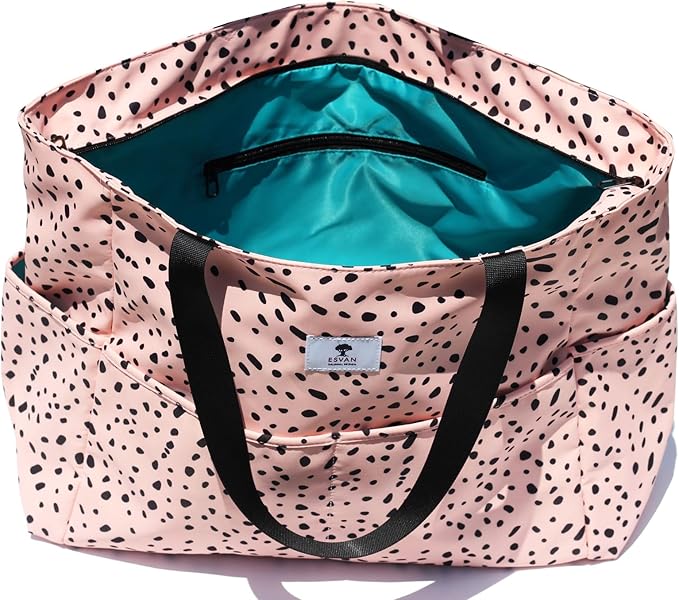 ESVAN Large Foldable Beach Bag for for Women with Dry Wet Compartment Waterproof Sandproof Travel Gym Picnic Handbag