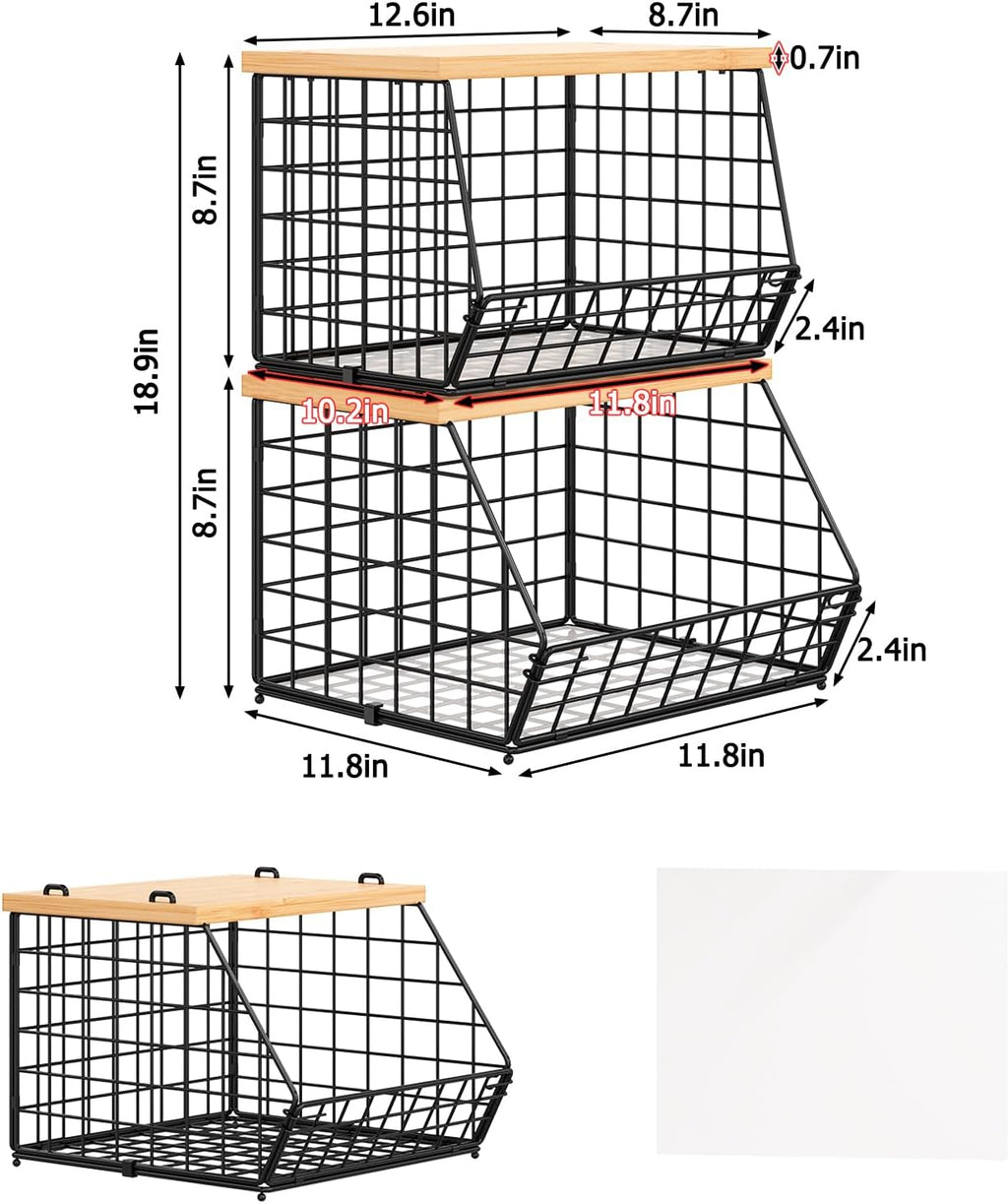 2 Set Stackable Wire Basket with Wooden Tops & Pad for kitchen organizers and storage, XXL Kitchen Counter Organizer for Fruit, Vegetable, Bread, Potato and Onion Storage Bin