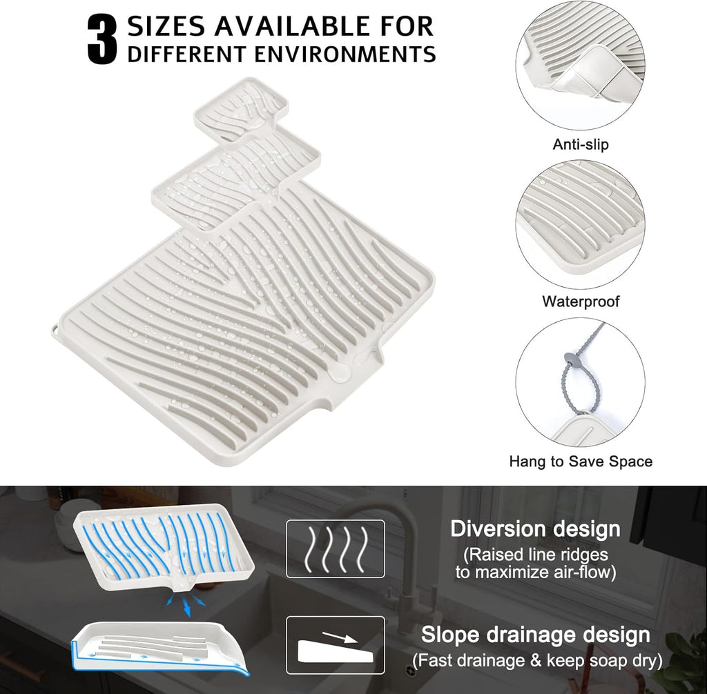 Silicone Dish Drying Mat for Kitchen Counter, Dish Drying Pad, Non-Slip Drain Pad with Built-in Drain, Heat Resistant Stone Drying Mat, 3 pcs (Cream)
