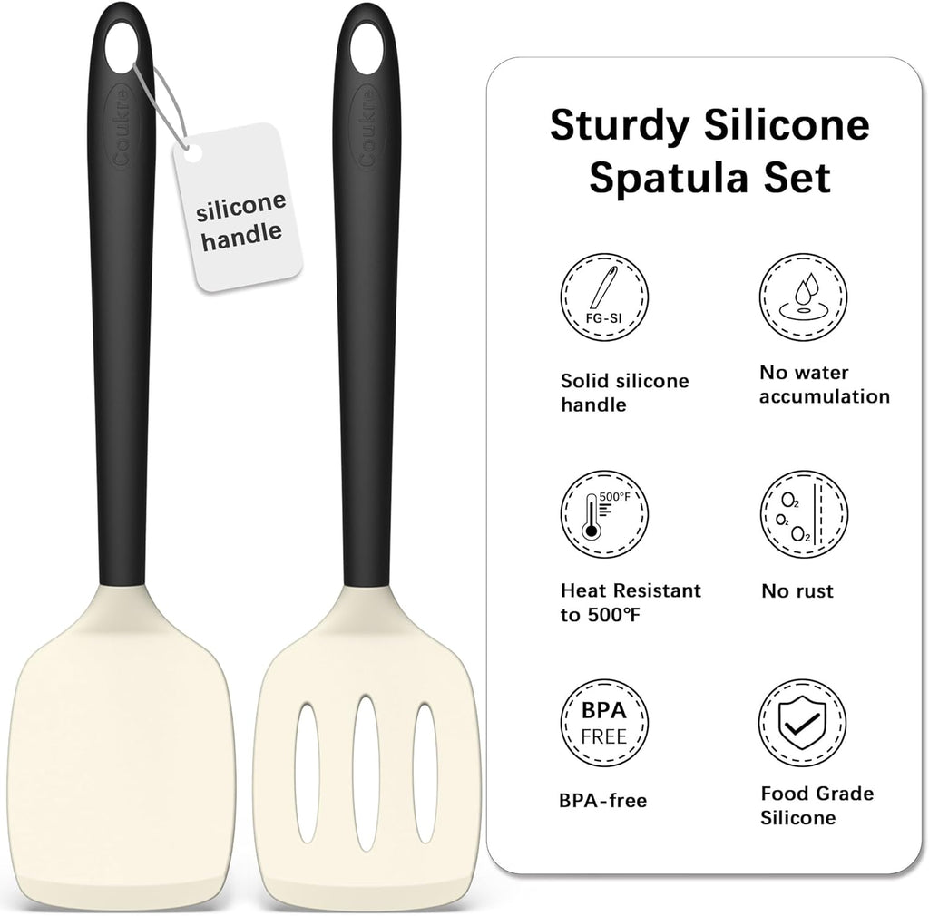 Coukre 2 Pack Silicone Spatula Set, High Heat Resistant, BPA Free Kitchen Spatula, Solid & Slotted Turner for Non-Stick Pans, Sautéing, and Flipping (2, Beige)