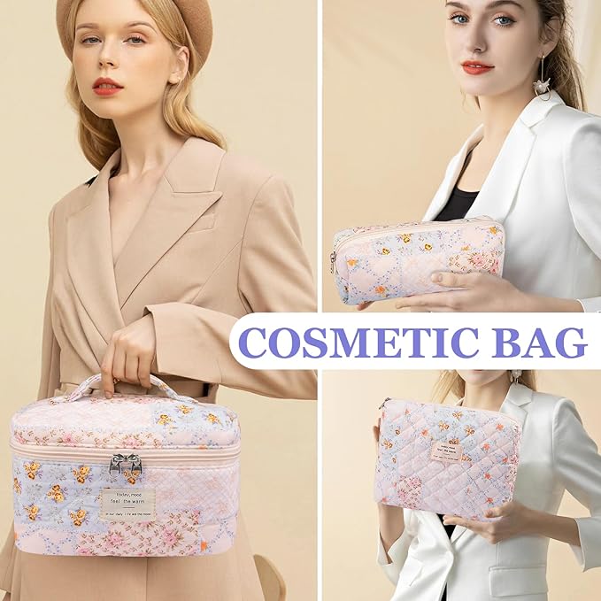 Makeup Bag Set, Quilted Makeup Bag, Large Floral Cosmetic Bag for Women, Cute Cotton Makeup Bags, Flower Travel Toiletry Organizer Bag (Folk Style)