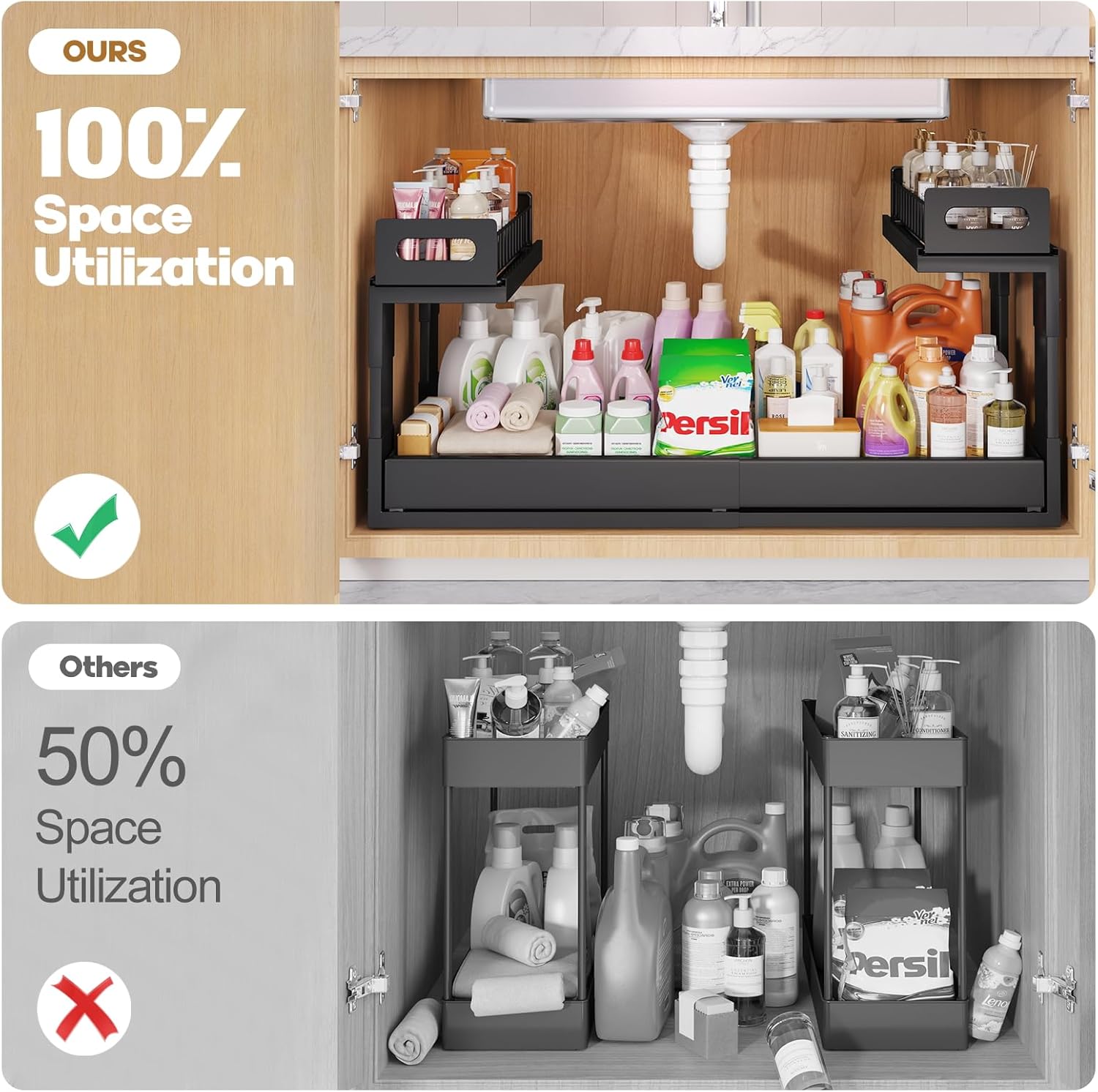 1 Pack-19"-32"W Expandable Under Sink Organizer With Upgrade Ball-Bearing Slide,2-Tier Pull Out Under Cabinet Organizer Height Adjustable,Not Suitable For Cabinets With Partitions In The Middle