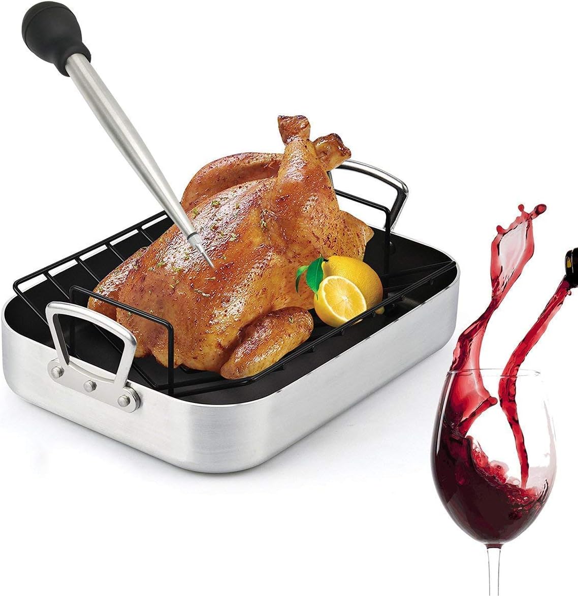 304 Stainless Steel Turkey Baster Syringe Injector Needle With Cleaning Brush- black Rubber Bulb