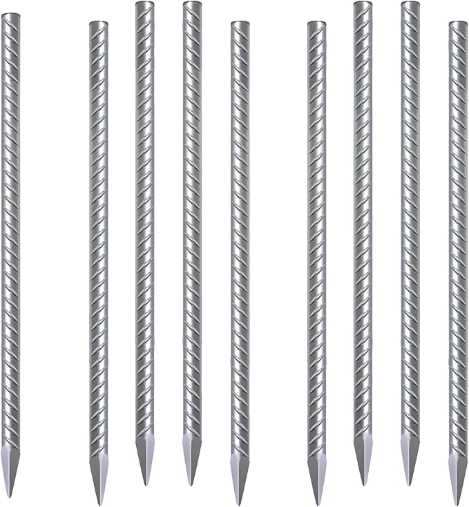 Rebar Stakes 16 Inch 9 Pack Tent Stakes Heavy Duty Metal J Hook, Fence Stakes for Trampoline, Fence, Camping Tent (9, I-16 x2/5""), Silver