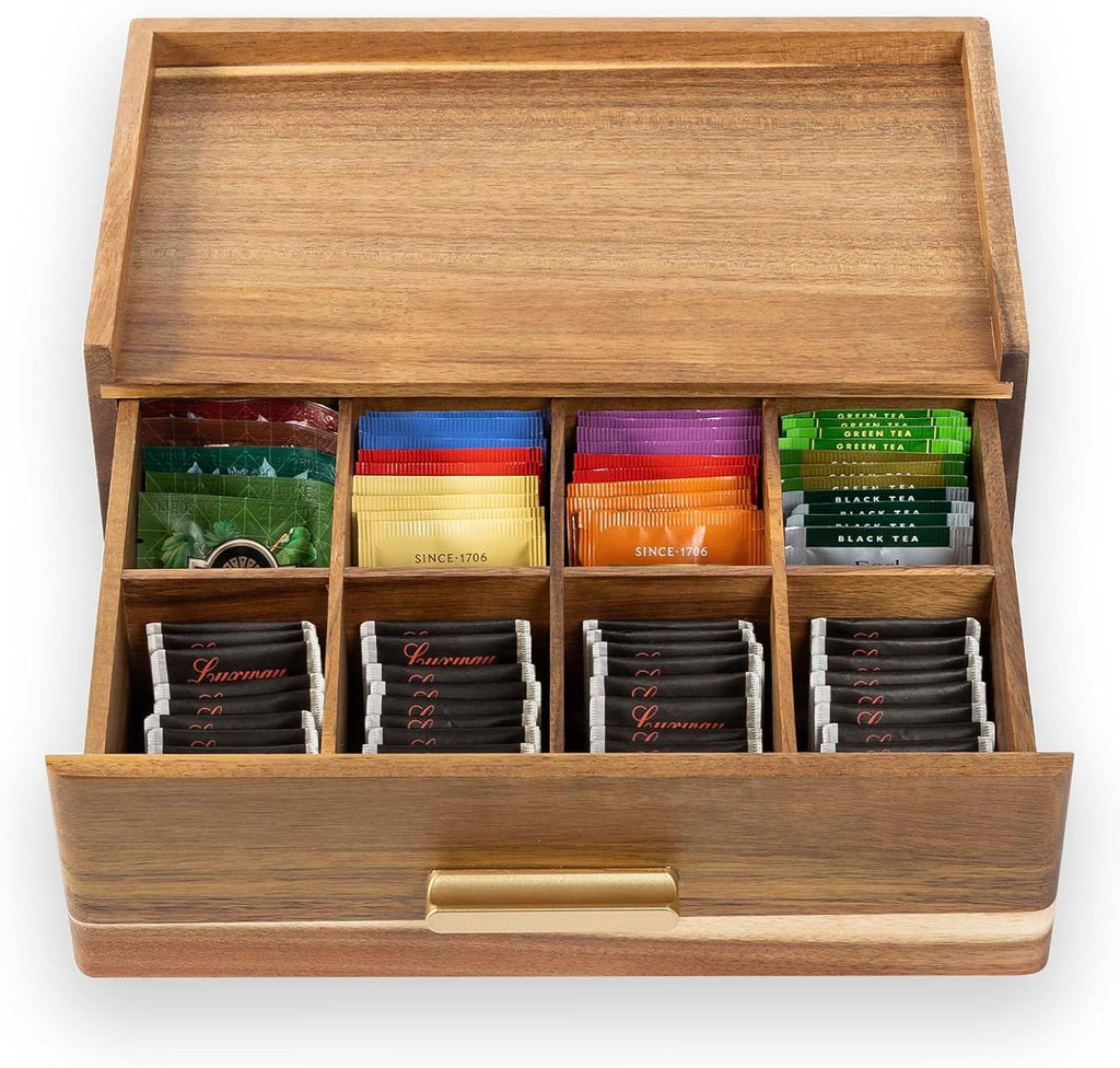 Acacia Wood Tea Bag Organizer, Tea Organizers and Storage Box, Tea Caddy for Tea Bags Storage Drawer, Teabag Holder Container Boxes for Countertop, Tea Station Chest Display Wooden, Organizador De Te