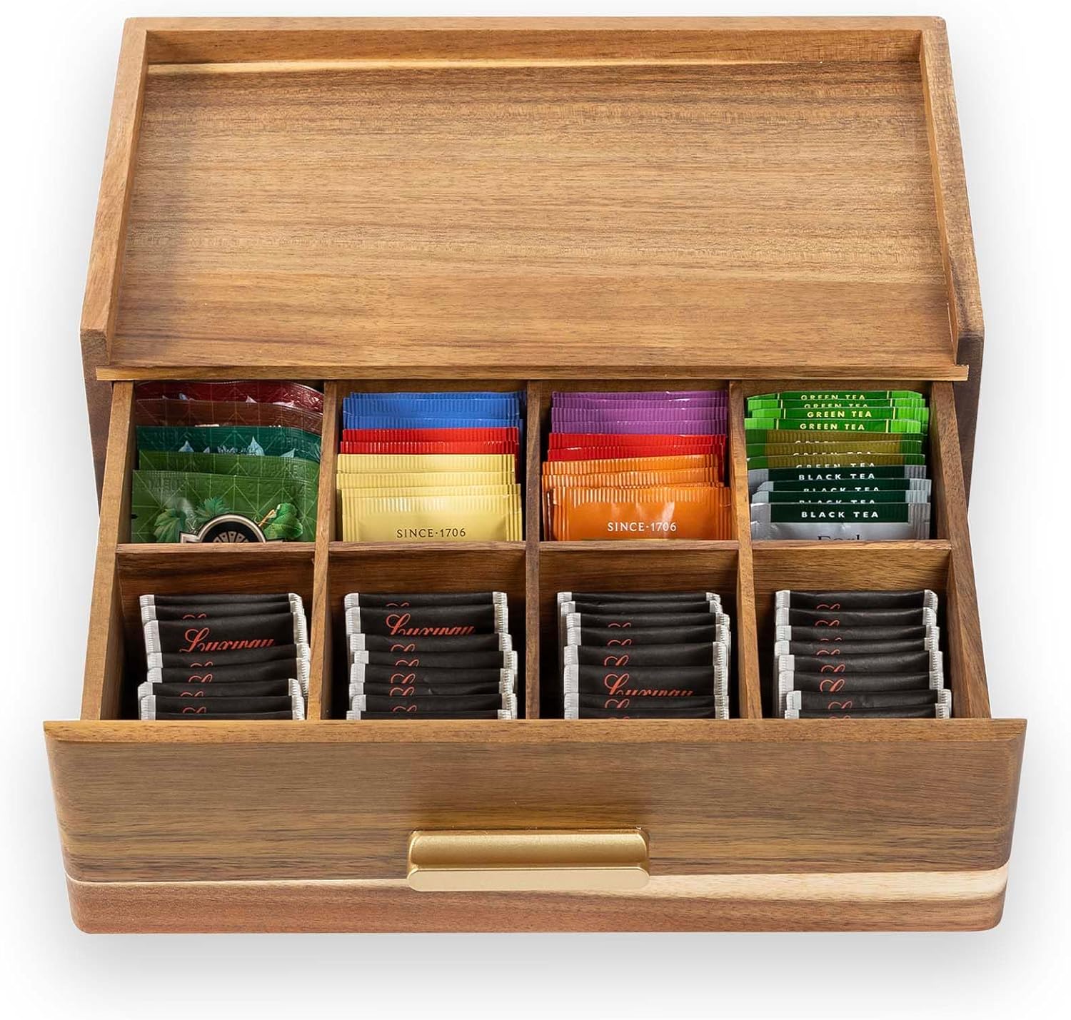 Acacia Wood Tea Bag Organizer, Tea Organizers and Storage Box, Tea Caddy for Tea Bags Storage Drawer, Teabag Holder Container Boxes for Countertop, Tea Station Chest Display Wooden, Organizador De Te