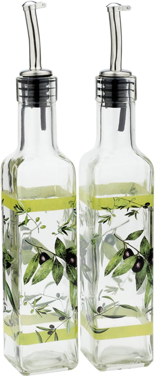 CEDAR HOME Olive Oil Bottle Set Glass Dispenser Vinegar Cruet 17oz. with Stainless Steel Leak Proof Pourer Spout for Cooking or Salad Dressing, Green, 2 Packs