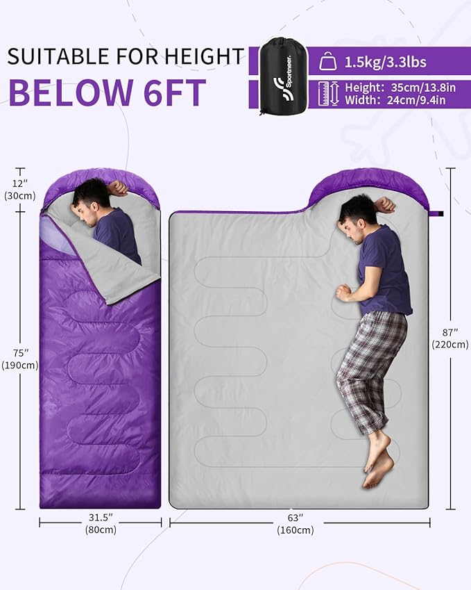 Sportneer Sleeping Bags for Adults, Warm & Cold Weather Sleeping Bag for Adults Kids Boys Girls - Lightweight Compact Camping Gear Equipment, Traveling, Backpacking, Hiking