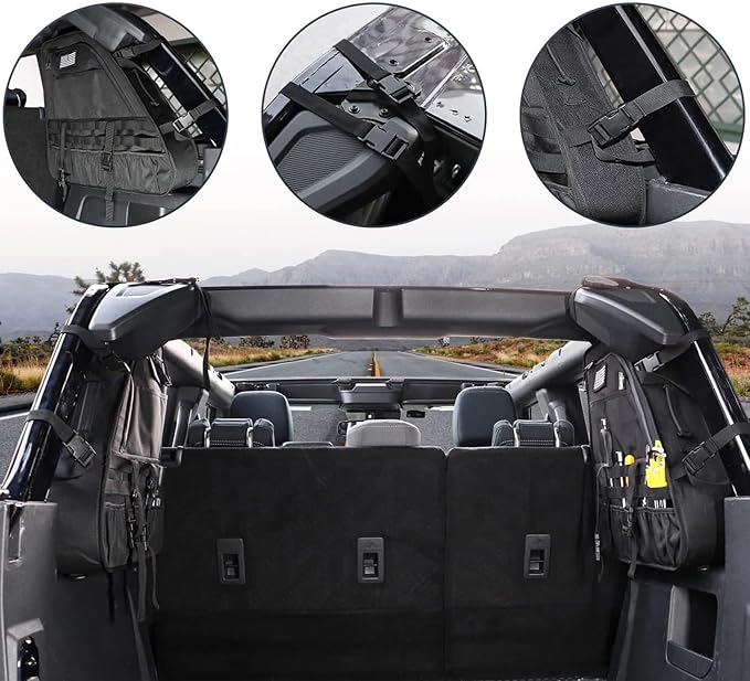 2Pcs Rear Roll Bar Storage Bags Car Trunk Cargo Cage Organizer Multi-Pockets Handbags Organizers Cargo Bag Saddlebag Kit Accessories for Ford Bronco Offroad 2/4 Door 2021-2024 (BLACK)