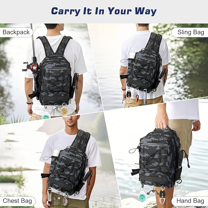 MoKo Fishing Backpack Sling Bag with Rod & Gear Holder, Nylon Waterproof Fishing Tackle Storage Bag for Fishing