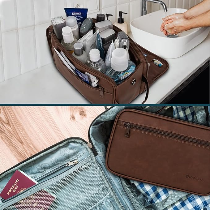PAVILIA Toiletry Bag for Men, Travel Essentials Shaving Dopp Kit, Mens Travel Bag Toiletries Organizer Case for Grooming, PU Leather Water Resistant Cosmetic Bag Pouch (XL, Dark Brown)