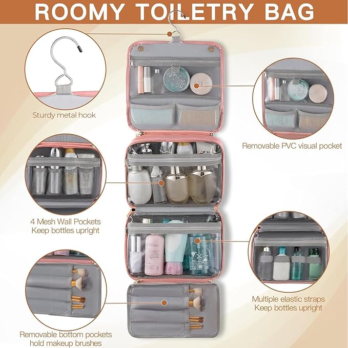 Elviros Travel Toiletry Bag for Men and Women with Hanging Hook, 3 in 1 Multifunctional Large Makeup Cosmetic Case for Toiletries Accessories, Water-resistant PU Leather Bathroom Dopp Kit Shaving Bag