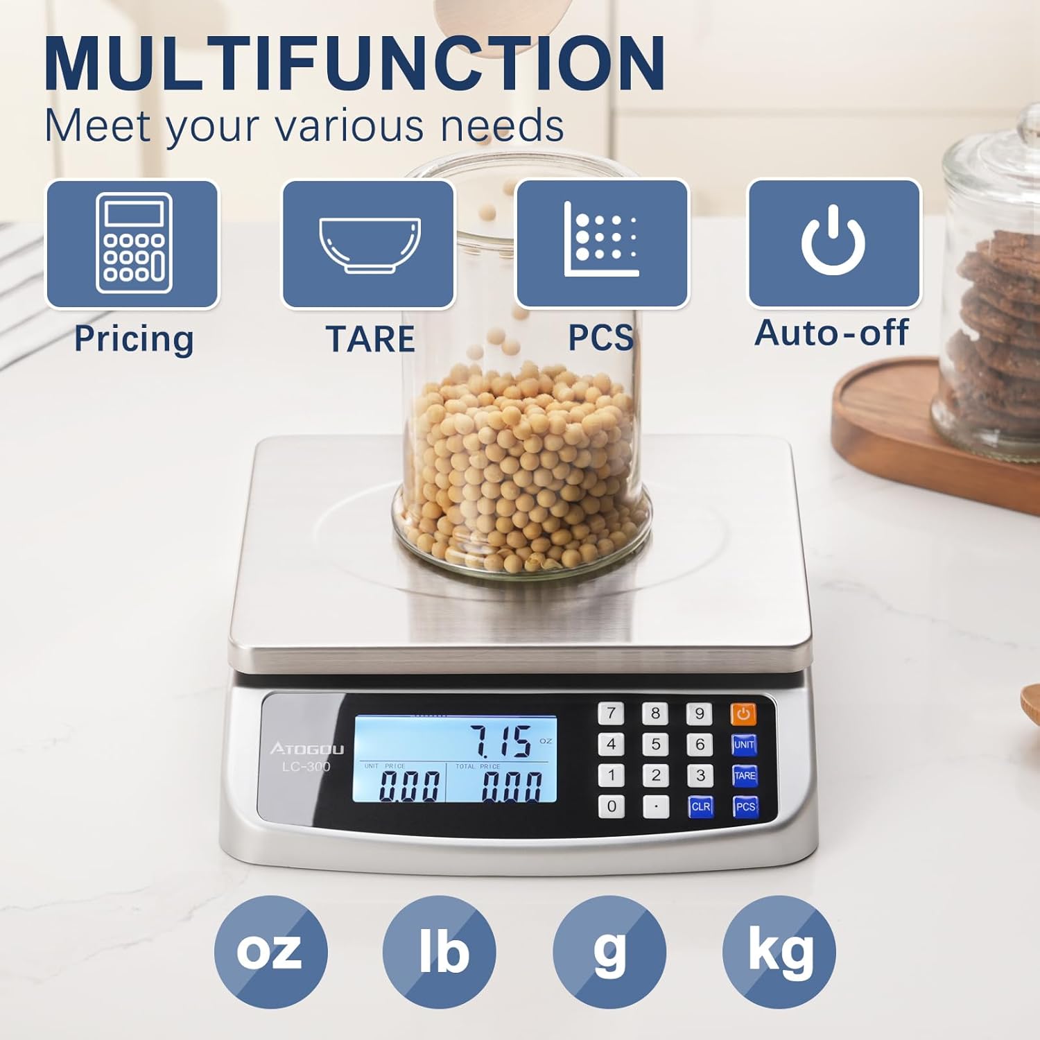 110lb Food Scale, Commercial Kitchen Scale with Price Computing, Plug-in Usable, 0.05oz/1g, 304 Stainless Steel, for Cooking, Vegetables, Farm, Industry, Counting. LC300