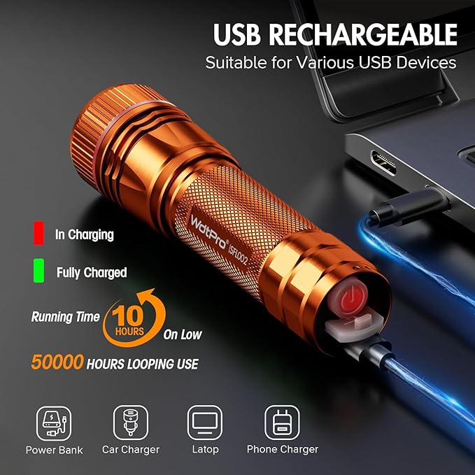 WdtPro Rechargeable Flashlights High Lumens, 2 Pack Super Bright LED Small Tactical EDC Flashlight with 10H Runtime, Portable Flash Light for Camping,Home,Emergency Essentials Orange Battery Included