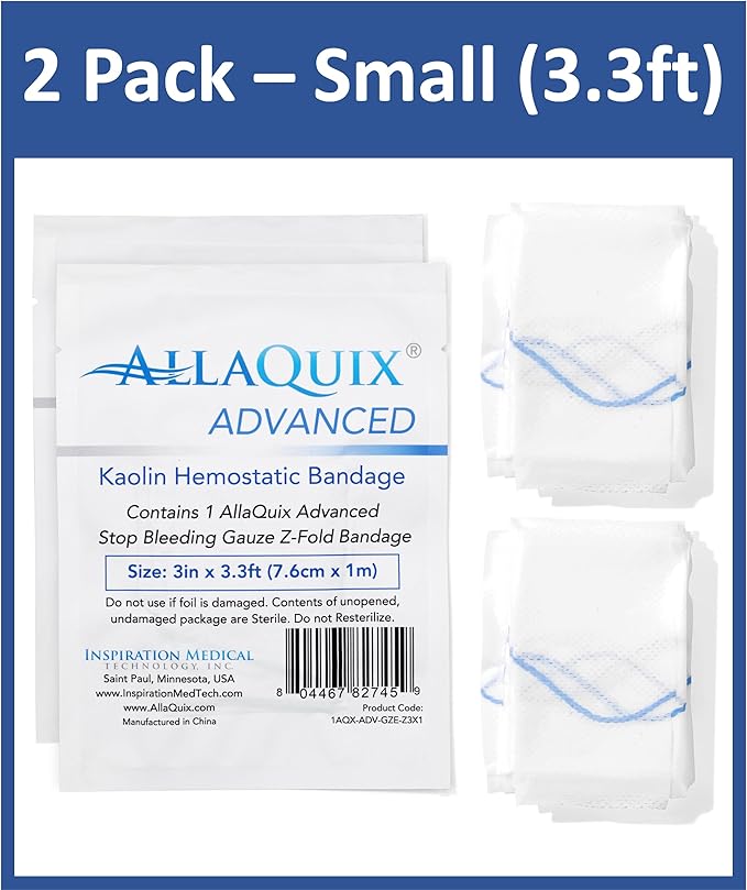 Advanced Kaolin Hemostatic Bandage – Sterile Z-Fold Clotting Gauze (3 in. x 3.3 ft) | Stops Bleeding Fast for Emergency, Trauma, First Aid, and Survival Kits (2-Pack)
