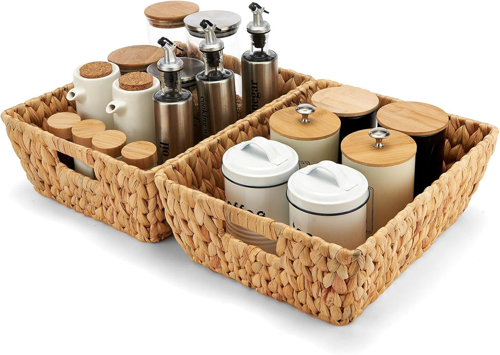 Water Hyacinth Wicker Baskets 2 Pack, Large Storage Basket With Handles for Organizing, Handmade Natural