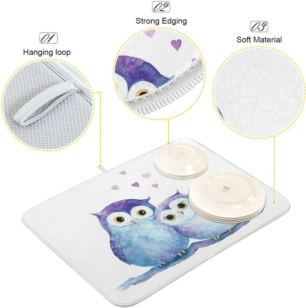 Cute Owl Dish Drying Mat for Kitchen Counter Absorbent Microfiber Drying Pad, Medium 16x18 in, Reversible Drainer Mats