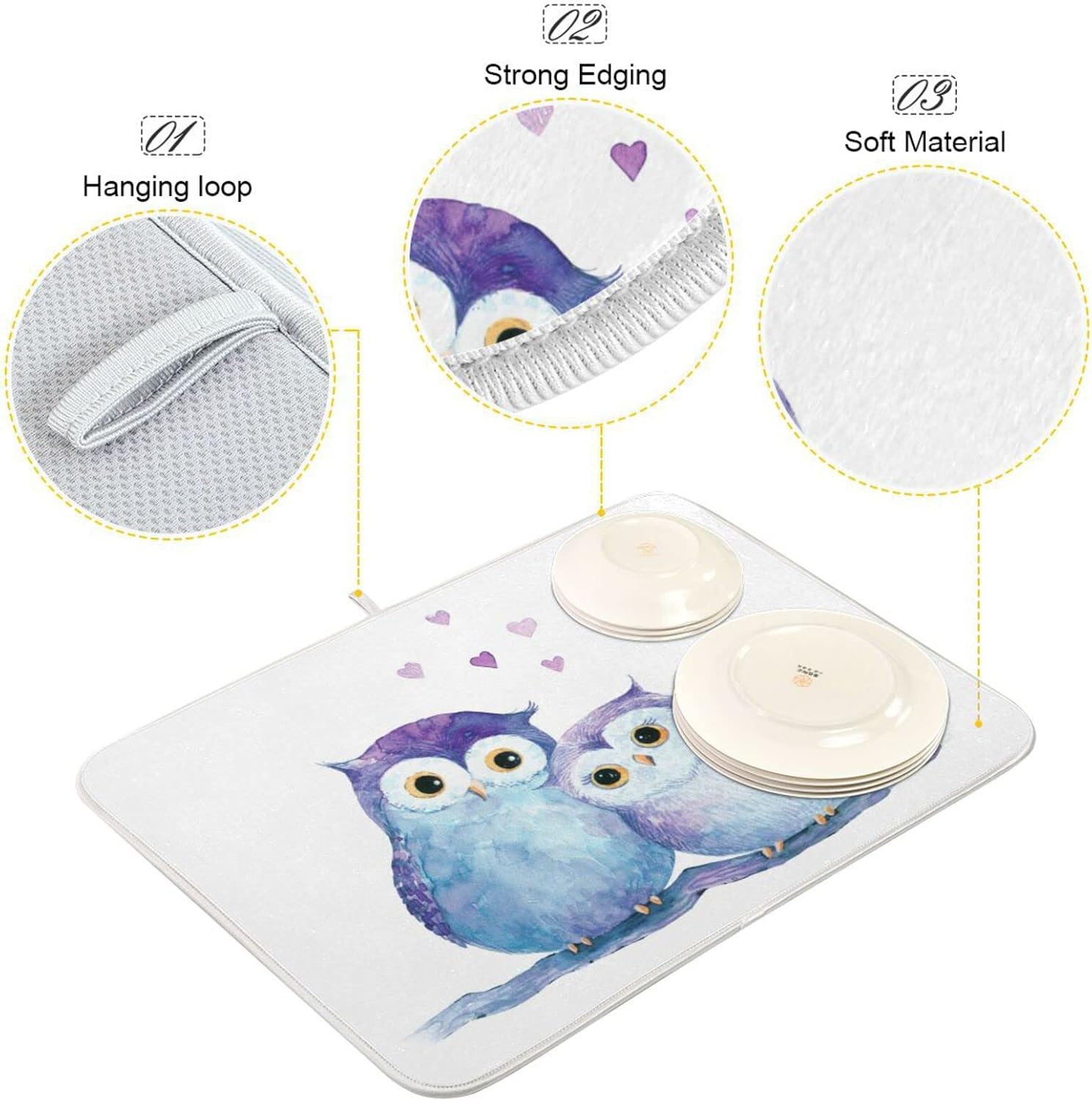 Cute Owl Dish Drying Mat for Kitchen Counter Absorbent Microfiber Drying Pad, Medium 16x18 in, Reversible Drainer Mats