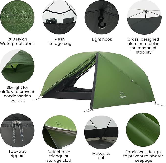ATEPA Ultralight Backpacking Tent, 2 Person 1 Person Nylon Lightweight 4000MM+ Waterproof Windproof Portable Tent with Aluminum Frame & Rainfly for Backpacking Hiking Camping Motorcycle, 4 Season