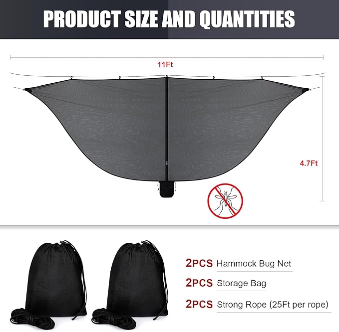 2 Pieces Hammock Bug Mesh Net 11 x 4.7 FT Hammock with Mosquito Net Camping 360 Degree Protection Dual Sided Diagonal Zipper for Hiking Camping Backpacking