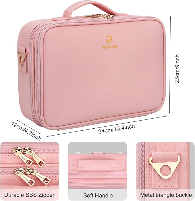 Relavel Travel Makeup Train Case Makeup Cosmetic Case Organizer Portable Artist Storage Bag with Adjustable Dividers for Cosmetics Makeup Brushes Toiletry Jewelry Digital Accessories