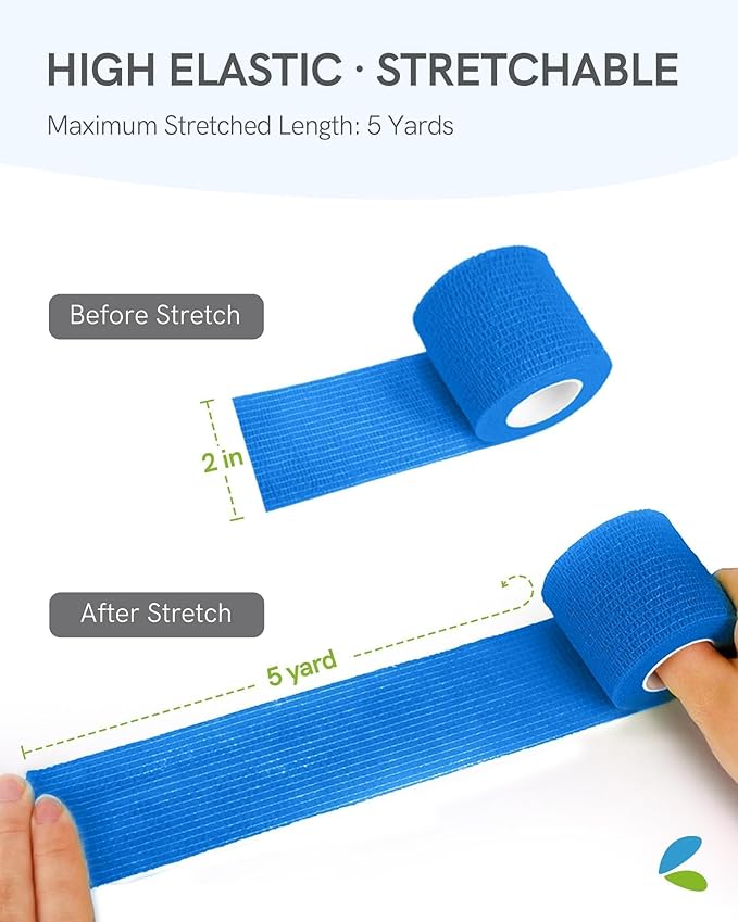 FriCARE Self Adhesive Bandage Wrap, Medical Tape in First Aid Kit, Cohesive Bandages for Wounds Sport Vet, FSA/HSA Eligible, 2 Inches X 5 Yards 6 Rolls, Blue