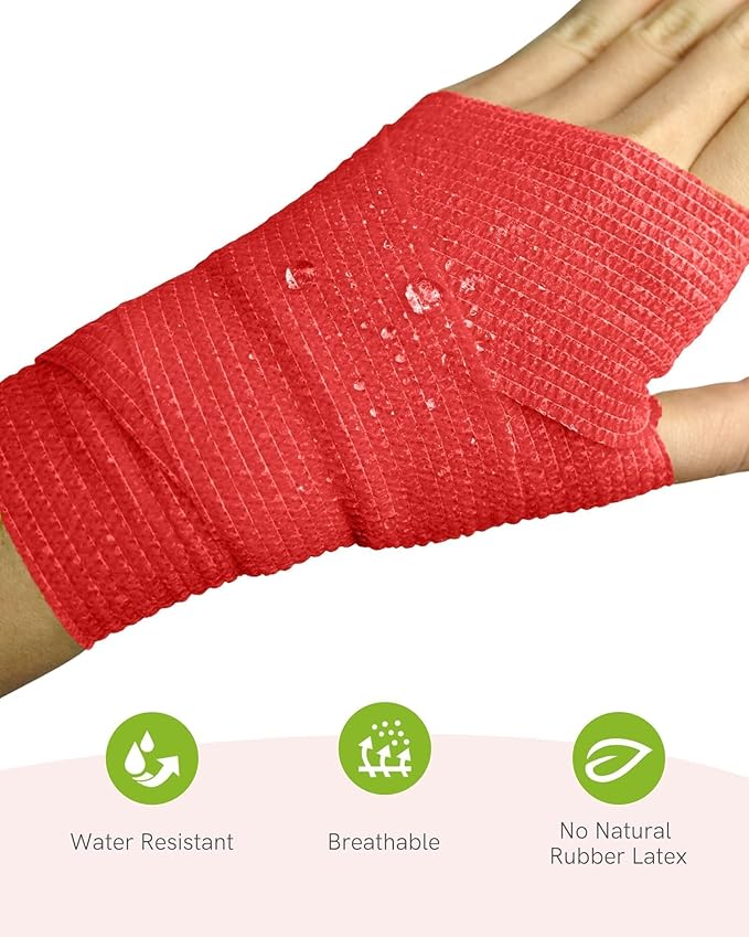 FriCARE Self Adhesive Bandage Wrap, Medical Tape in First Aid Kit, Cohesive Bandages for Wounds Sport Vet, FSA/HSA Eligible, 2 Inches X 5 Yards 6 Rolls, Red