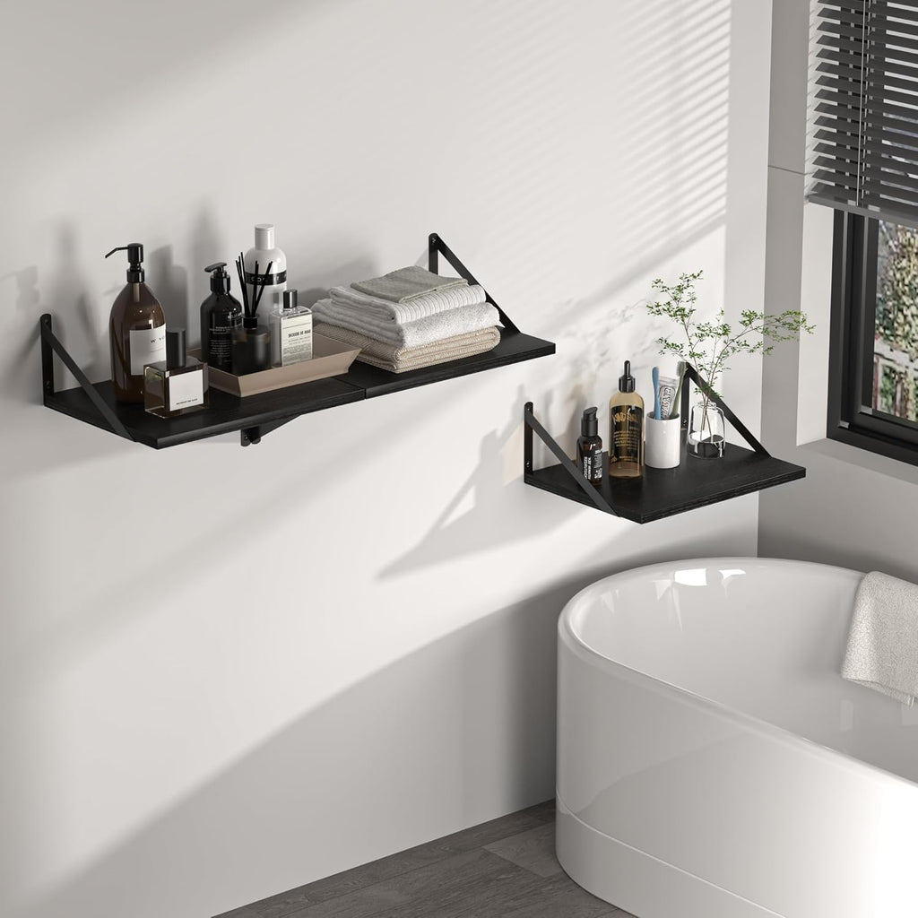 Heimlove Black Deep Floating Shelves for Wall, 16W x 12D Wood Wall Shelves Set of 2, Wide Floating Bookshelf for Living Room, Kitchen, Office, Bedroom and Decor Storage, with Metal Bracket - Black