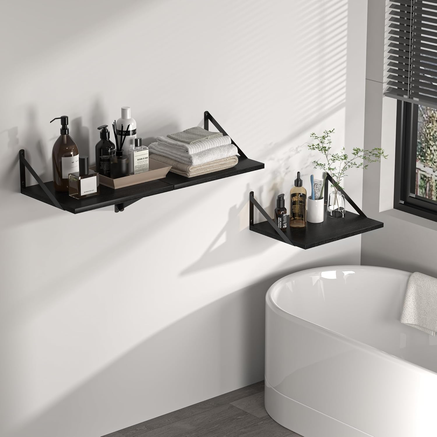 Heimlove Black Deep Floating Shelves for Wall, 16W x 12D Wood Wall Shelves Set of 2, Wide Floating Bookshelf for Living Room, Kitchen, Office, Bedroom and Decor Storage, with Metal Bracket - Black