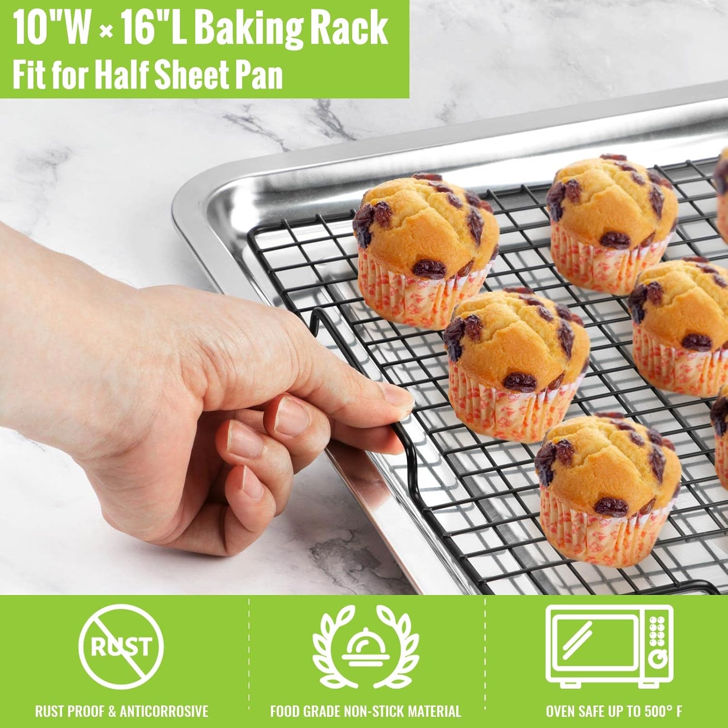 HULISEN 4 Pack Cooling Racks - 16" x 10", Nonstick Wire Baking Rack with Handle fits Half Sheet Pan for Cooking, Roasting, Grilling, Drying, Metal Mesh Cookie Rack for Cooling Cake, Oven Safe