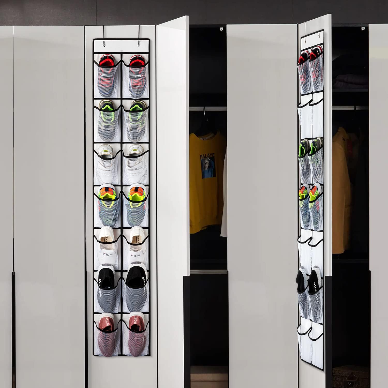 KEEPJOY Over the Door Shoe Organizer, Hanging Shoe Organizer with 4 Hooks, Shoe Holder with 14 Mesh Pockets Closet Door Shoe Storage Bag (White-2Pack)