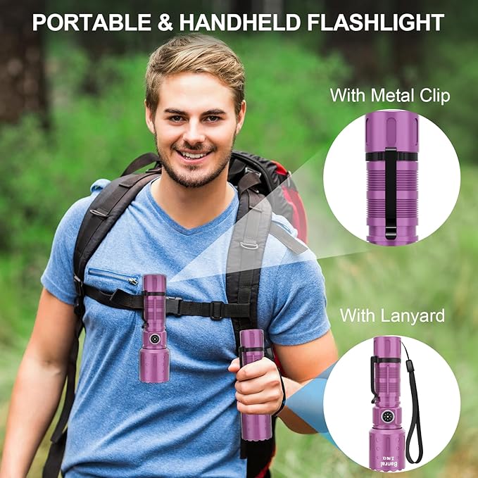 Flashlights High Lumens Rechargeable, 20000 Lumens Super Bright 1500 Meters Long Range Small Powerful Flashlight, 6 Modes LED Tactical Pocket Waterproof Flash Light for Home Emergency (2, Purple)